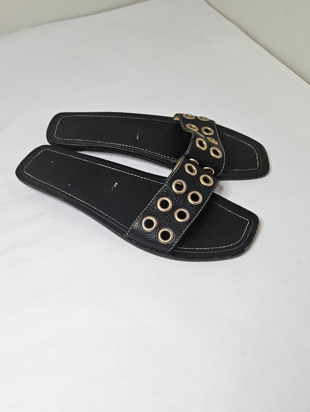 Prada Grommet Slides Black Leather Copper Metal Flat Sandals Slip Ons FLAW 38 8